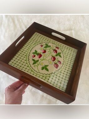 Vintage Wooden Serving Tray w/ Strawberry Crewel-Style Embroidery Under Glass